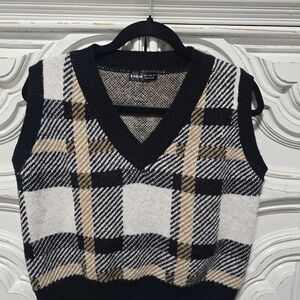 SHEIN Black Cream and Tan Plaid V-Neck Sweater Vest